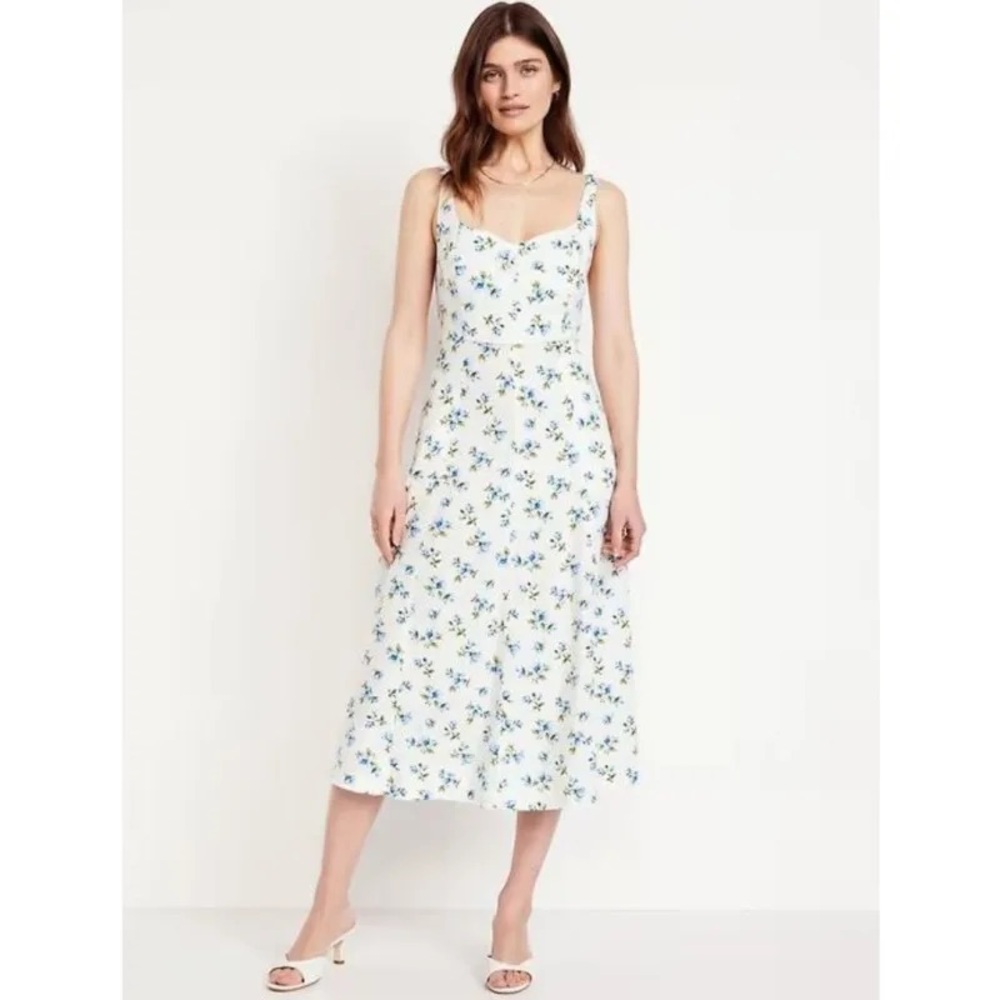 Old Navy Linen White Floral Sweetheart Neckline Midi Dress